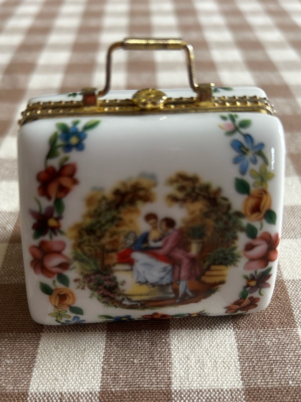 Porcelain Trinket Box Purse with Floral Romantic Courting Couple Scene